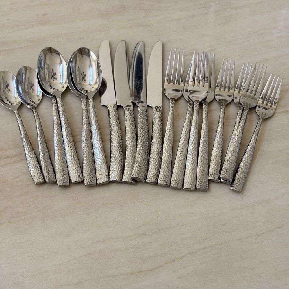 Pier 1 Imports Hammered Stainless Flatware Set 18Pc Forks Spoons Knives